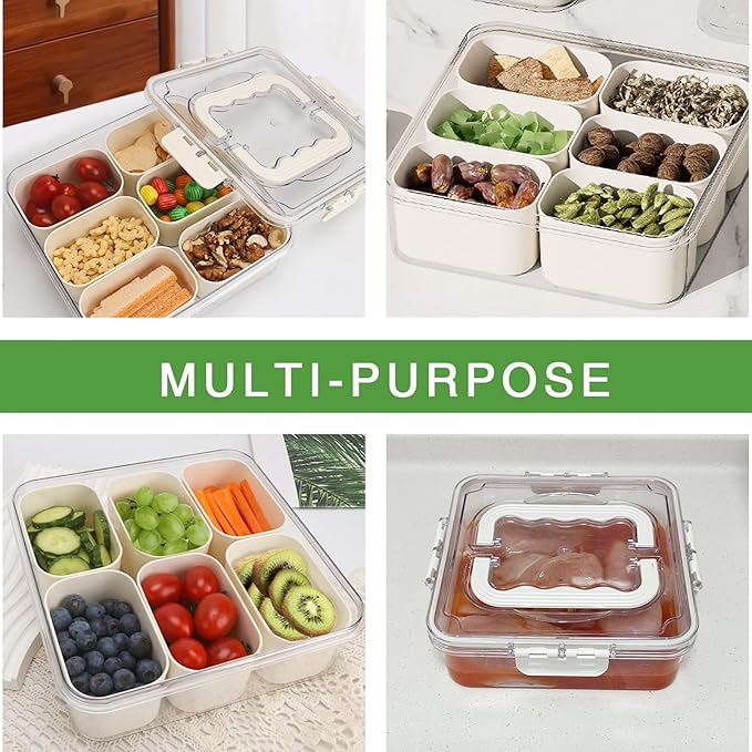 Divided Serving Tray with Lid and Handle, Portable Snack Box Container, 6 Compartments Veggie Fruit Snackle Tray, Charcuterie Platter Box Container for Party, Nuts, Snacks, Entertaining, Picnic,2 Pack