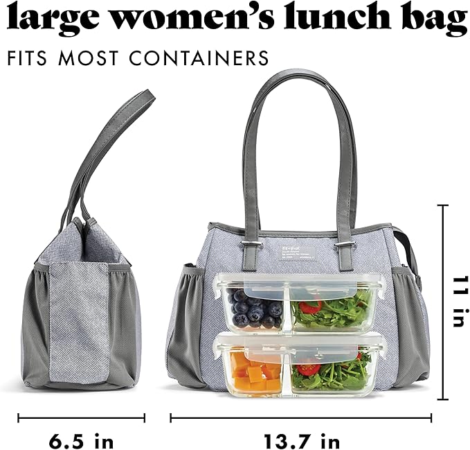 Fit & Fresh Insulated Lunch Bag for Women, Large Lunch Box With Container, Stain-Resistant, Lightweight, for Work - Copley Kit, Gray Tweed
