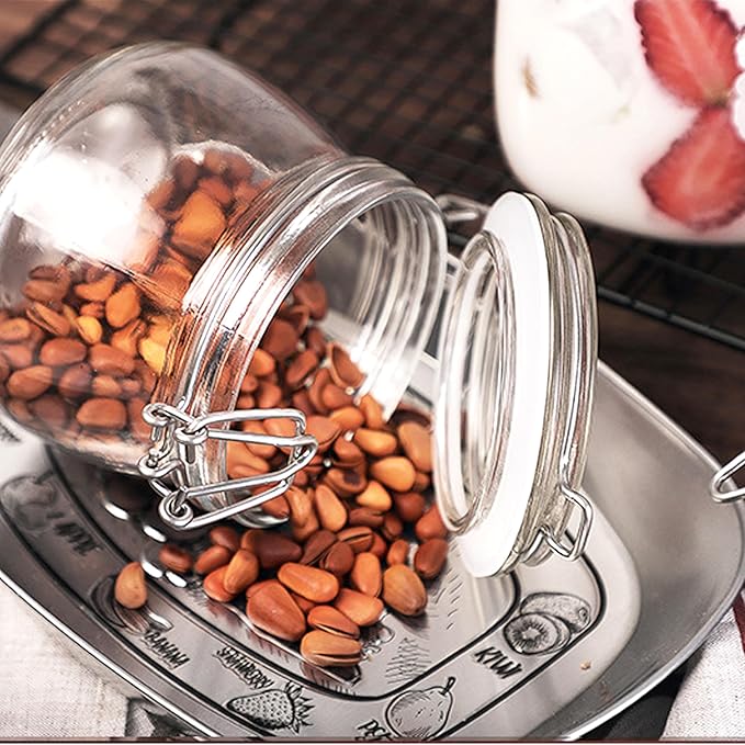 Glass Jars With Airtight Lids 16 OZ 6 Set Wide Mouth Food Storage Canisters Leakproof Sealed Jar Containers With Clamp Lids For Coffee,Sugar, Spices,Snacks, Pickles,Cereal,Tea Bags,Candy,Cookies