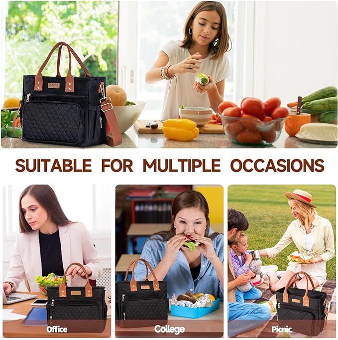 Large Women Lunch Bags for Work Insulated/Insulated Adult Lunch Box for Women/Durable Nylon Thermal cooler Bag/Leakproof Cooler Tote Bag with Storage Pocket (brown)