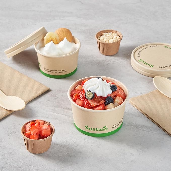 Restaurantware-Sustain 5 Ounce Paper Soup Containers, 50 Disposable Ice Cream Cups - Lids Sold Separately, With PLA lining, Bamboo To Go Hot Soup Bowls, Compostable, Greaseproof