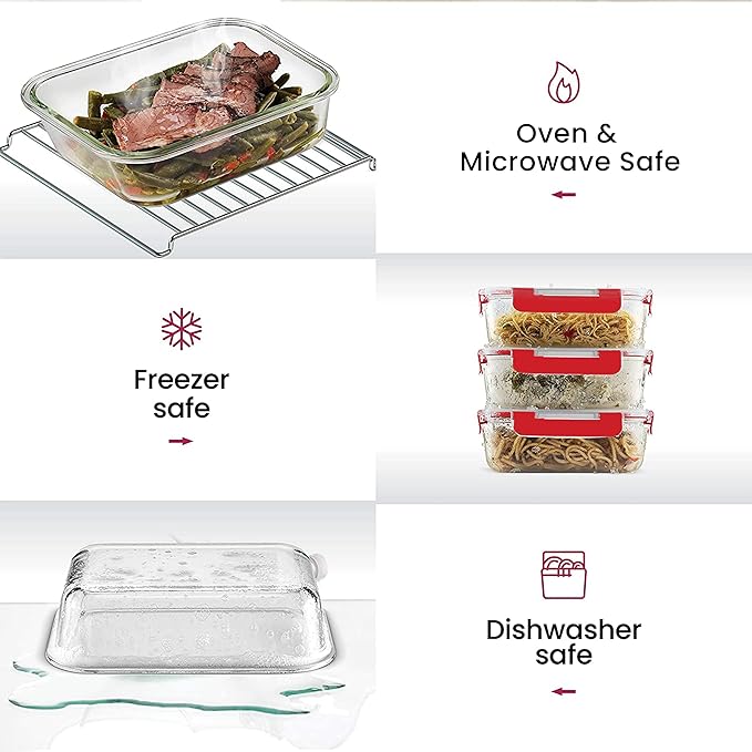 FineDine 12 Piece Glass Storage Containers with Lids - Leak Proof, Dishwasher Safe Glass Food Storage Containers for Meal Prep or Leftovers, Red