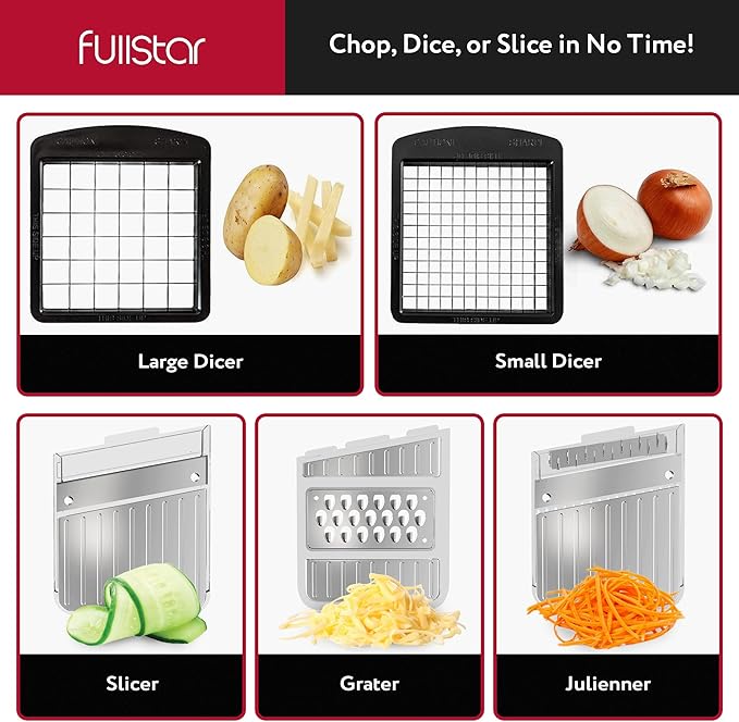Fullstar All-in-1 Vegetable Chopper and Mandoline Slicer for Kitchen - Cheese Grater, French Fry Cutter, Cheese Slicer - Bonus Handheld Spiralizer Included (6 in 1, Clear)