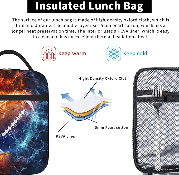 SARA NELL Colorful Fireball Football Lunch Box American Football Lunch Bag Insulated Reusable Portable Lunch Tote Cooler Bag for Women Men Teens Kids, Office Work School Travel Lunchbox
