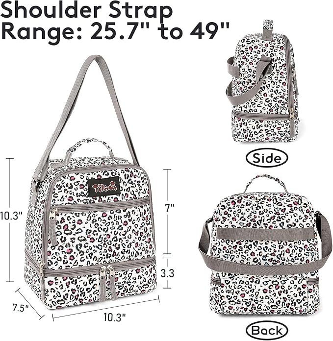 Tilami Lunch Bags Insulated Adjustable Strap Zipper, Water-Resistant Cooler Bags, Bento Bags for Kids Toddlers, Leopard