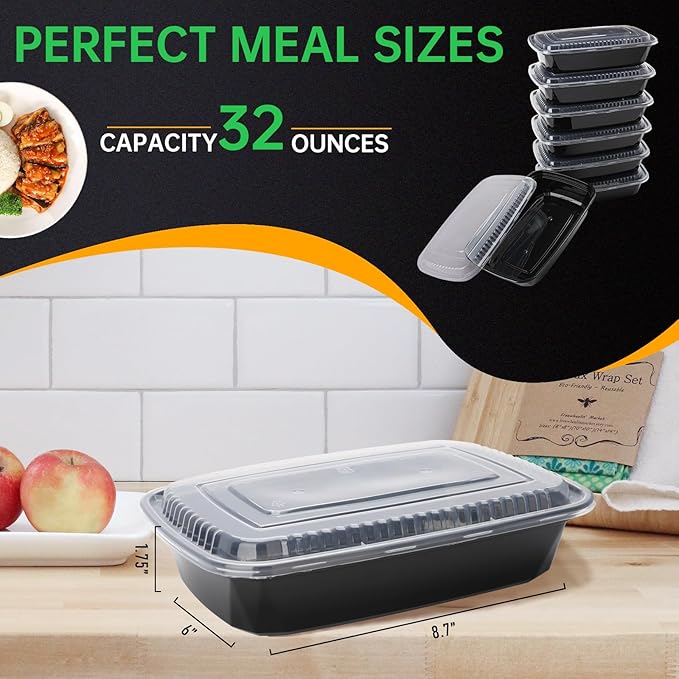 Meal Prep Container, 90 Pack 32 oz Food Storage Containers with Lids, Disposable Bento Box Reusable Plastic Lunch Box, BPA Free Take-Out Box Microwave Dishwasher Freezer Safe