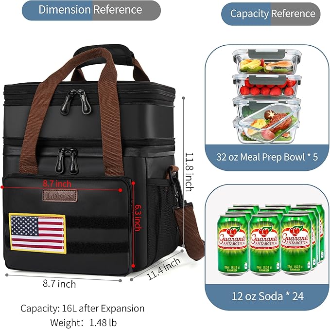 LOKASS Lunch Box for Men,16L Double Deck Expandable Insulated Lunch Bag for Women/Adults Thermal Large Waterproof Leakproof Lunchbox for Work with Shoulder Strap for Work, Camping, Picnic - Black