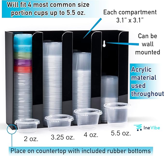 Portion Cup and Lid Holder - 4 Compartment Acrylic Organizer for Condiment & Sauce Cups, Fits Cups 2 oz to 5.5 oz in Size, Use Dispenser on Countertop or Wall Mount