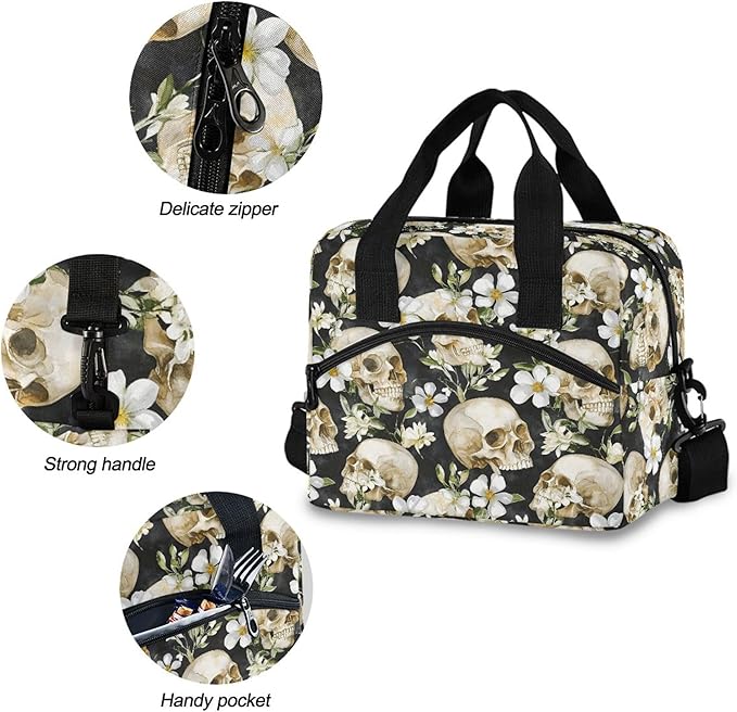 MNSRUU Insulated Lunch Bag Skull White Flower Women Men Fabric Dinner Tote Cooler Bag Reusable Leakproof Lunch Box with Adjustable Shoulder Handles Strap For Work School
