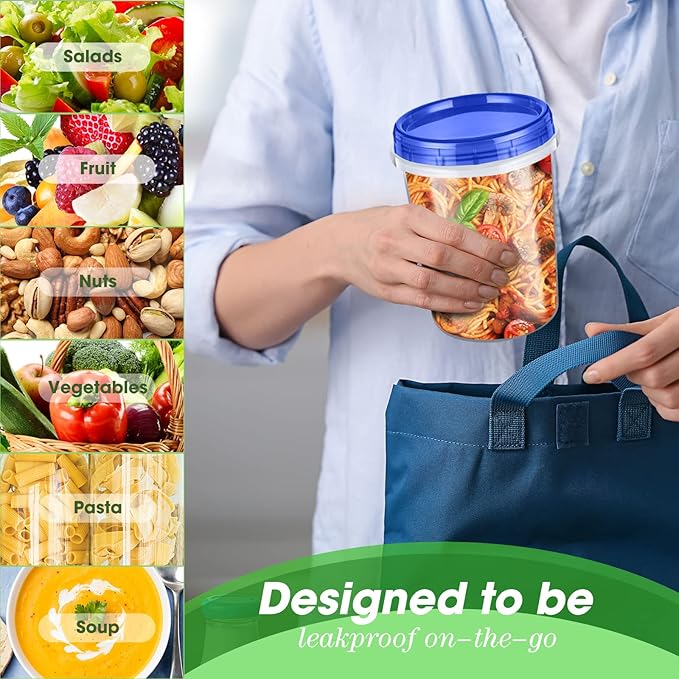 24 Pcs 32 oz Food Storage Freezer Container with Twist Top Lids Reusable Plastic Soup Food Containers with Screw on Lids Leakproof Round Containers for Juice Condiments Fruit Snacks Leftovers(Blue)