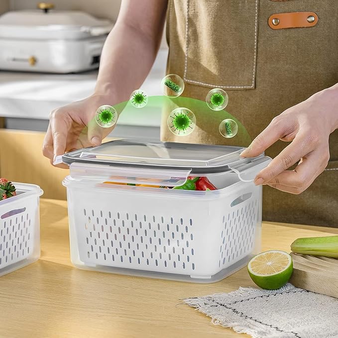 5 PCS Fruit storage Containers for Fridge with Removable Colander and Chopper Set, Leakproof Food Storage Containers with lids, Dishwasher & Microwave Safe Produce Containers to Keep Fruits Fresh 