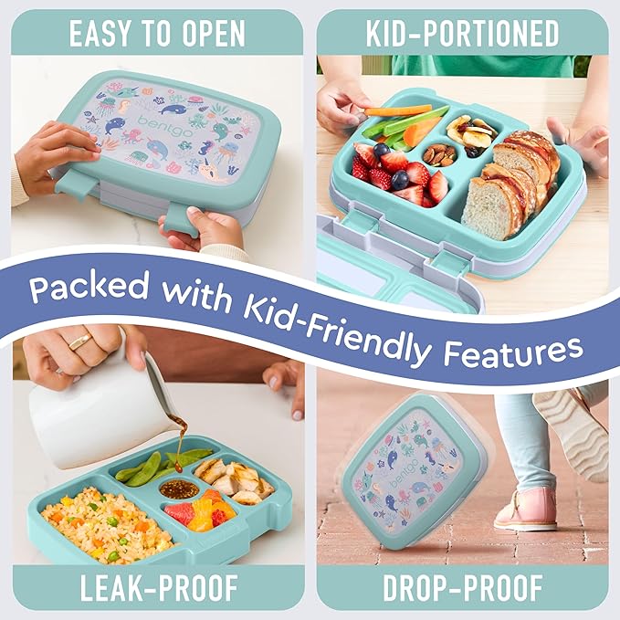 Bentgo Kids Prints Leak-Proof, 5-Compartment Bento-Style Kids Lunch Box - Ideal Portion Sizes for Ages 3-7, Durable, Drop-Proof, Dishwasher Safe, & Made with BPA-Free Materials (Sea Life)