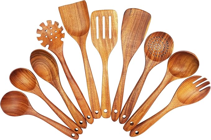 Premium Wooden Spoons for Cooking – 10 Pcs Wooden Utensils Set Teak Wooden Spatulas & Wooden Spoons for Nonstick Cookware – Heat Resistant, Lightweight & Durable