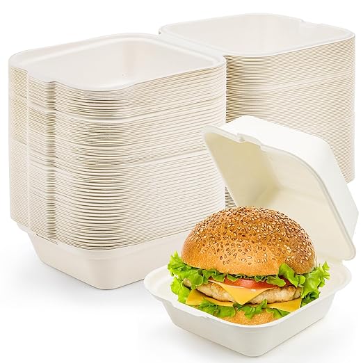 Peohud 100 Pack Compostable Clamshell Take Out Food Containers, 6 x 6 Inches Disposable To-Go Food Containers, Bagasse Bento Cake Box for Hamburger Sandwiches Chips