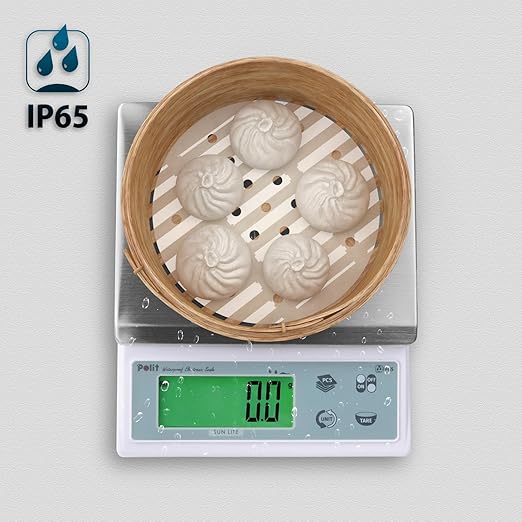 Polit Food Kitchen Scale Sun Lite, 6.6lb/3Kg Digital Scale Gram Ounce 1g/0.04oz to 0.1g/0.004oz Accuracy, Waterproof Stainless Steel with LCD Display, 5 Weight Unit (with Power Adaptor)