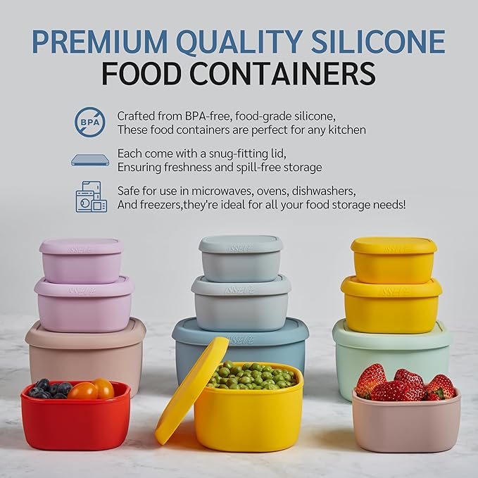 ISSEVE 6Pcs/Set Nesting Silicone Food Storage Containers with Lids, BPA Free Reusable Meal Prep Silicone Containers Lunch Box Bento Box Set (33.8oz, 20oz, 10oz, 6.7oz, 1.3oz) (Purple)