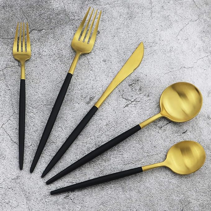 20-Piece 18/10 Stainless Steel Flatware Silverware, Luxury Dinnerware Set Travel Cutlery Tableware Include Knife Fork Spoon Service for 4, Dishwasher Safe (Black Handle Matte Gold)