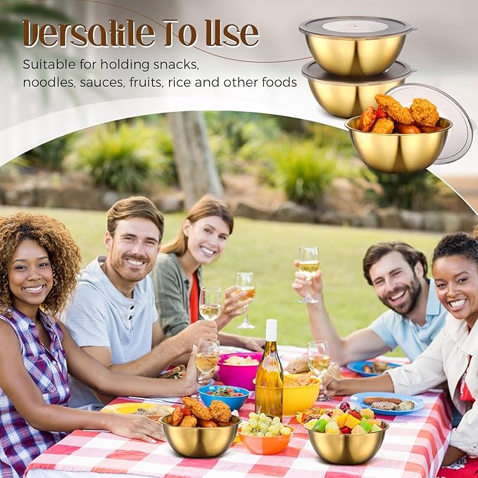 Nuogo 6 Pcs Gold Stainless Steel Mixing Bowl with Airtight Lids 6.7 inch Gold Esthetician Bowls for Easter Ramadan Serving Facial Salad Fruit Snack Soup Cereal Wedding Party