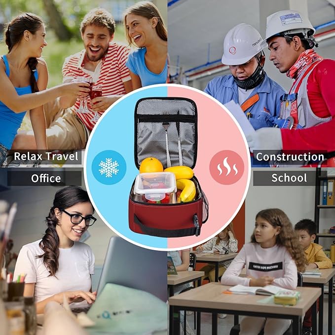 Red Lunch Bag for Women Washable Thremal Picnic Meal Box for Office Beach Travel Hiking Camping Insulated Cooler Reusable Portable
