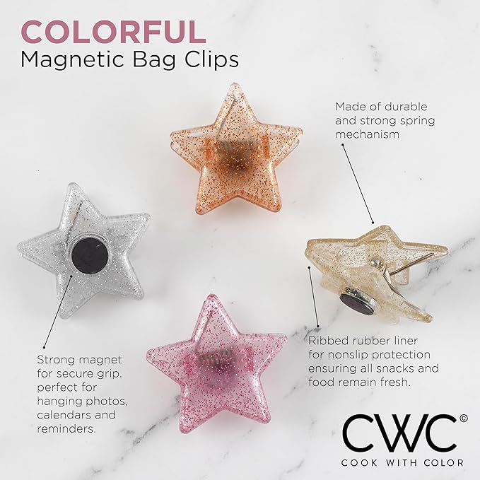 COOK WITH COLOR Cute Bag Clips - Magnetic Chip Clips for Airtight Seal, Stars, Pack of 8