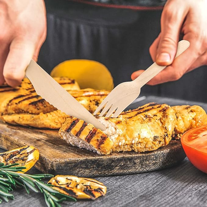 (150 Pcs) Special Edition Compostable Cutlery Set - Disposable Wooden Cutlery Set - Alternative to Plastic, Eco Friendly, Biodegradable, 50 Each Wooden Spoons, Knives, Forks Disposable Utensils Set