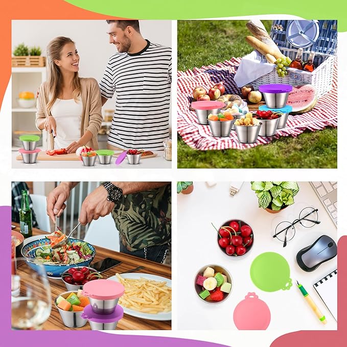 12 Pack 6 oz Stainless Steel Snack Containers with Silicone Lids Leak Proof Metal Snack Containers Stackable Lunch Box Food Storage for Daycare Travel Picnic