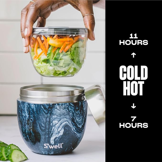 S'well Eats Stainless Steel Food Bowls, 21.5oz, Azurite Marble, Triple-Layered Vacuum-Insulated Containers Keeps Food Cold for 11 Hours and Hot for 7 hours, Condensation Free, BPA Free