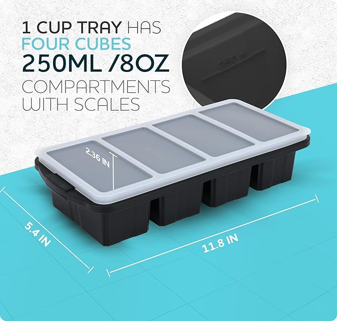 Silicone Freezer Tray With Lid - Soup Freezer Container molds - Large Ice Cube Tray- makes 8 perfect 1 cup portions cubes, 2-Pack Freezer Storage Food Soups & Meal Prep - Oven & Dishwasher -Safe