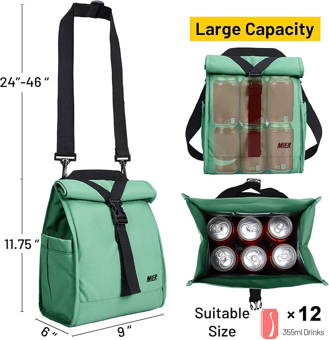 MIER Insulated Lunch Bag Roll Top Lunchbox for Women Men Adults Foldable Rolltop Lunch Tote with Shoulder Strap for Work Office Picnic, Water Bottle Holder, Green