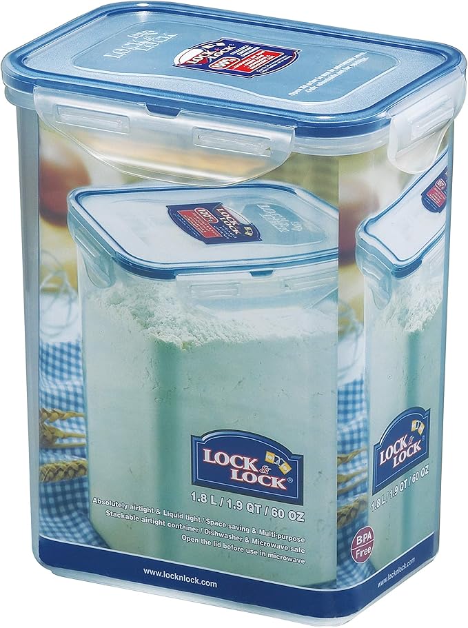 LocknLock Easy Essentials Airtight Rectangular Tall Food Storage Container 7.61 Cup, 4 Piece, Clear