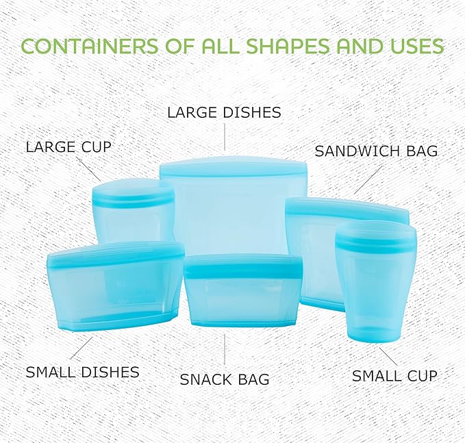 Reusable food container, silicone bag, 6 Pcs Zip Containers Can be used for fruit and vegetable snacks, etc. Microwave Dishwasher and Freezer Usable (blue)…