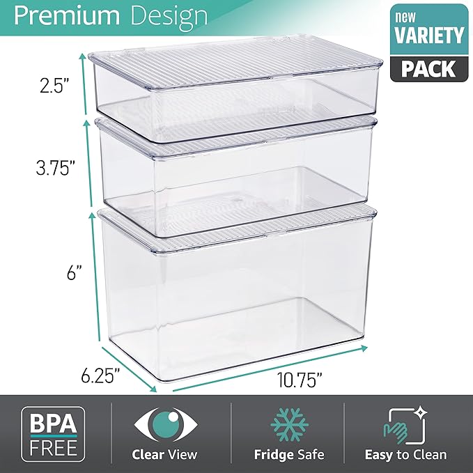 Sorbus 3 Pack Clear Plastic Storage Bins with Lids - Stackable Refrigerator Organizer - Pantry Organizer - Fridge Organization - Cabinet Organizers Containers Storage box for Kitchen (Sizes: L,M,S)