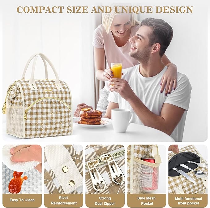 LOKASS Insulated Lunch Bag Women- Reusable 10 L Lunch Box for Women - Leakproof Tote Cooler Bag for Adults Work, Beach, Travel, Picnic (Brown&White Diamond Grid)