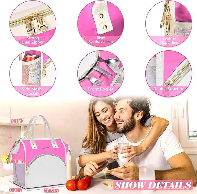 LOKASS Lunch Bag Women Insulated Lunch Box, Wide-Open Lunch Tote Bag Leak-proof Cooler Bag for Work Picnic-(Neon Pink)