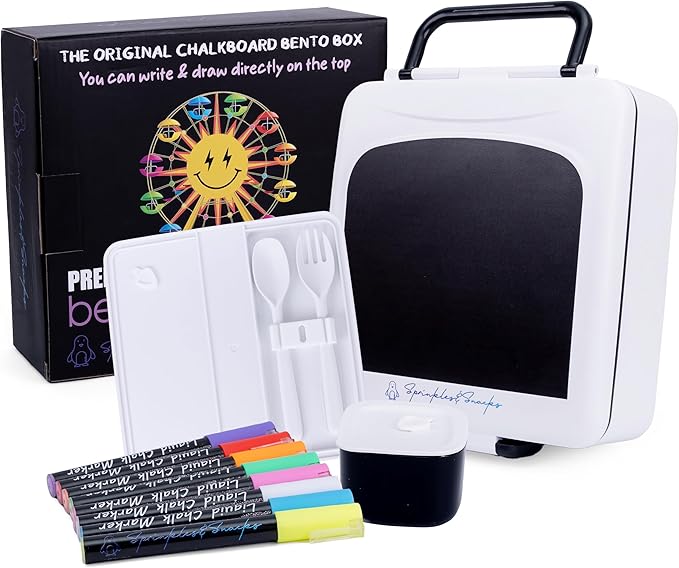 Chalkboard Kid Lunch Box for Girls & Boys - Leak-Proof Kids Lunchbox with Removable Compartment Tray, Lid Container & Utensils - BPA-Free Lunch Box Containers for Kids for School, Daycare - White