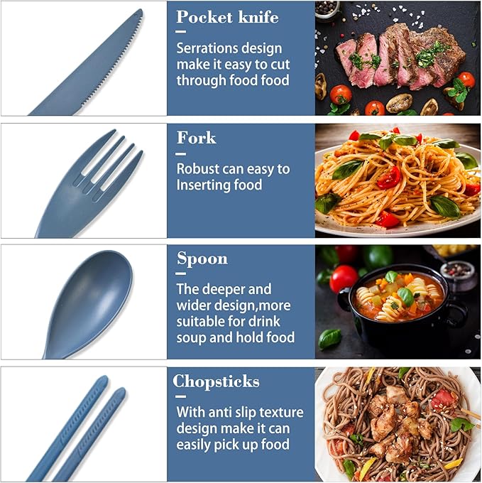 Large Reusable Utensils Set with Case, 4 Sets Large Plastic Travel Cutlery Set with Chopsticks, Portable Fork Spoons Knife Set Lunch Box Utensil Set for Adults Camping Picnic Use