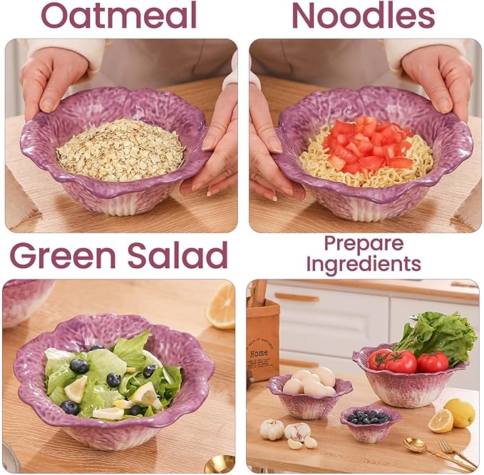 KXZ Purple Cabbage ramen Bowl -16 oz pasta bowl, dishwasher and microwave safe, perfect for salads, party fruit bowls, ceramic pho soup bowls