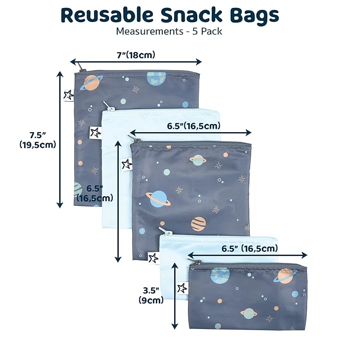 Tiny Twinkle 5 Pack Reusable Snack Bags - Machine Washable, PFAS, PVC, BPA, Phthalate-Free Reusable Baby and Toddler Food Safe Snack Bags (Space)