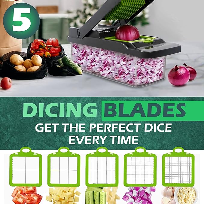 26-in-1 - Heavy Duty Vegetable Chopper with Container - Stainless Steel Blades - Slicer, Chopper, Spiral & Dicer for Veggies With Hand Guard, Cut Resistant Gloves & Cleaning Brushes - Green