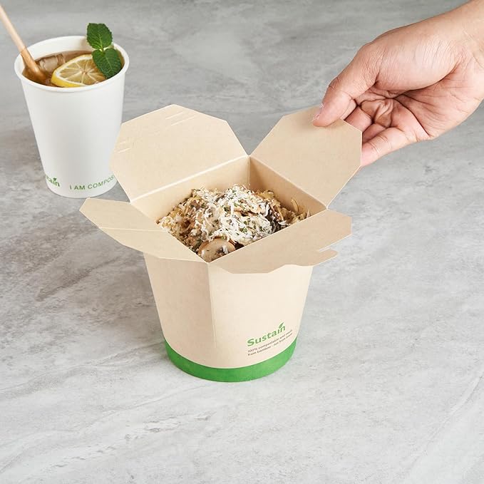 Restaurantware Sustain 32 Ounce Sturdy Paper Take Out Boxes, 200 Disposable Take Out Food Containers - With PLA lining, Compostable, Bamboo Paper Containers, Built-In Tab-Lock Cover, Greaseproof