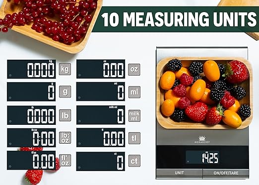 Digital Food Scale for Kitchen, Baking, Cooking, and Meal Prep, 10 Unit Measurements, 22 lb Weight Capacity, Stainless Steel Top, Dual Power Option, 15 Features