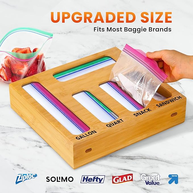 Bag Storage Organizer with Foil and Saran Wrap Dispenser With Cutter For Kitchen Drawer - 9 in 1 Bamboo Plastic Food Bag Storage Containers Perfect For Gallon, Quart Bags & 12" Rolls