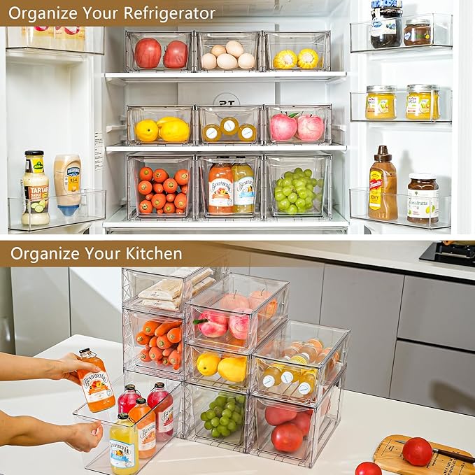 8Pack Stackable Kitchen Storage Organizer, Pantry Organizers and Storage, Clear Foods Organizer Bins with Handles, Easily Assemble for Bathroom, Kitchen, Pantry, Cabinet, Closet