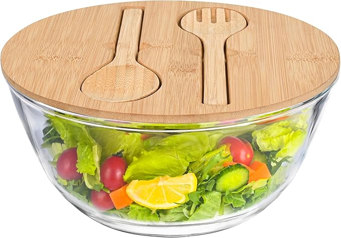 10.6" Glass Salad Bowl with Lid, 4.7 Quart Large Capacity Serving Bowls and Mixing Bowls with Utensils, Versatile Serving Dish for Salads,Fruits,Pasta,Popcorn,Trifle Bowl, Microwave Safe