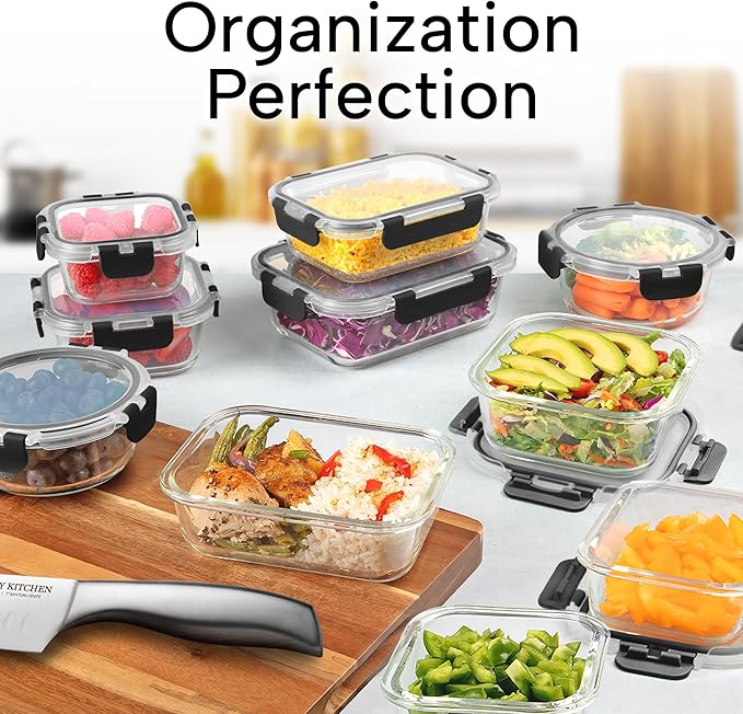 Zulay Kitchen 12 Pack Glass Meal Prep Containers with Lids - Airtight, Premium Borosilicate Glass Food Storage Containers - Microwave, Freezer & Oven Safe, BPA Free - Black