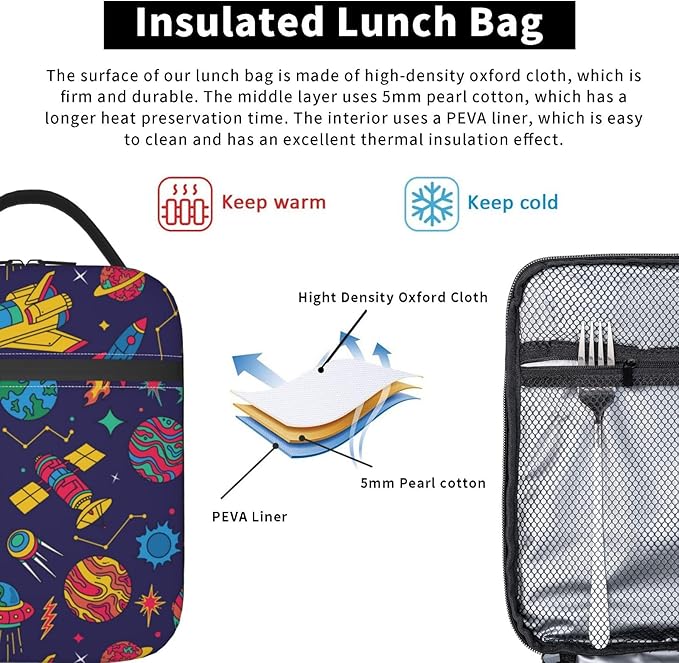 Insulated Lunch Box for Boys Girls Kids Adults Space Lunch Box for Work,Picnic,School,Travel,Hiking,Beach or Fishing Polyester Colorful Spaceship Space Theme Lunch Bag