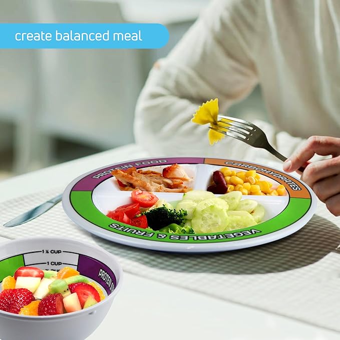 Portion Control Bariatric Plates and Bowls Set of 2 (4pcs Total) - Self-Measuring Plates and Bowls for Weight Loss, Gastric Bypass Surgery, LapBand, Diabetes and Healthier Diets, for Adults & Children