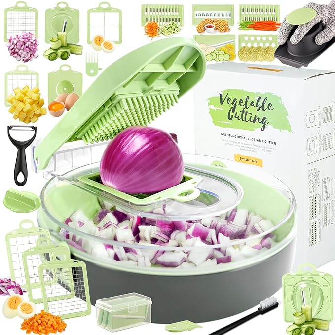 Vegetable Chopper Kitchen Vegetable Slicer & Spiralizer,Manual Mandolin Slicer,Potato Slicer Veg Cutter Salad Julienne,Food Container All in ONE Slicer (Green)