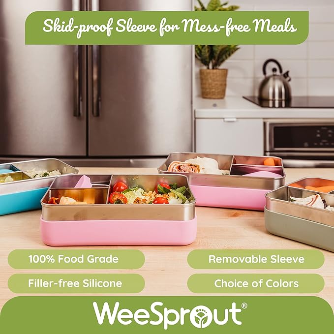 WeeSprout 18/8 Stainless Steel Bento Box (Compact Lunch Box) - 3 Compartment Metal Lunch Containers, for Kids & Adults, Bonus Dip Container, Fits in Lunch Bag & Backpack