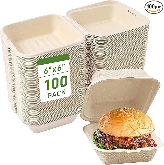 Clamshell Take Out Food Containers,100 Pcs Compostable To Go Boxes, 6 x 6 inch Sugarcane Fiber Containers for Salad Cake Sandwiches,Heavy-Duty Disposable Lunch Box,Microwave-Safe